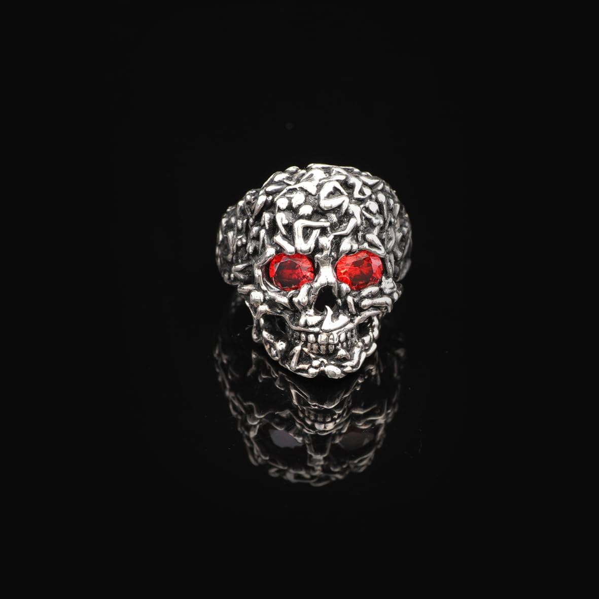 Handmade Vintage Skull Ring with Garnet Stone - Polished 925 Sterling Silver Men's Ring