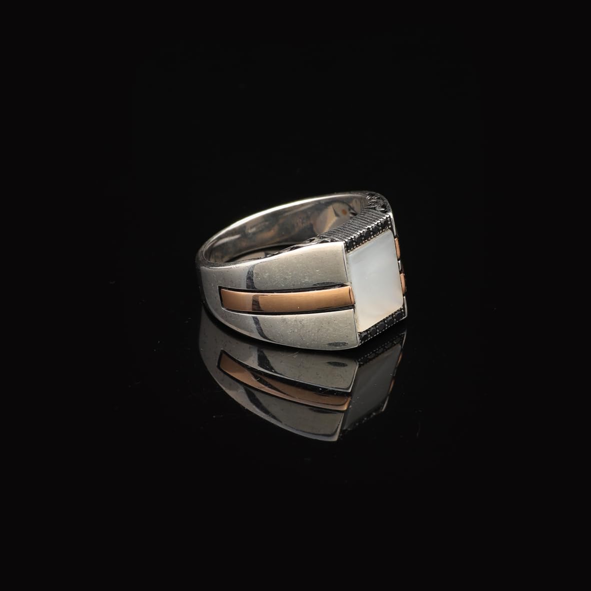 Handmade Mother of Pearl Gemstone Signet Pinky Ring - Vintage 925 Sterling Silver Men's Engagement Ring - Polished Finish with Custom Engraving & Silver Polishing Cloth Gift