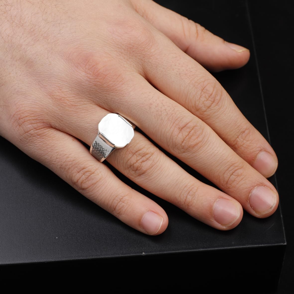 Handmade Mother of Pearl Pinky Ring - 925 Sterling Silver Men's Gemstone Ring with Polishing Cloth Gift