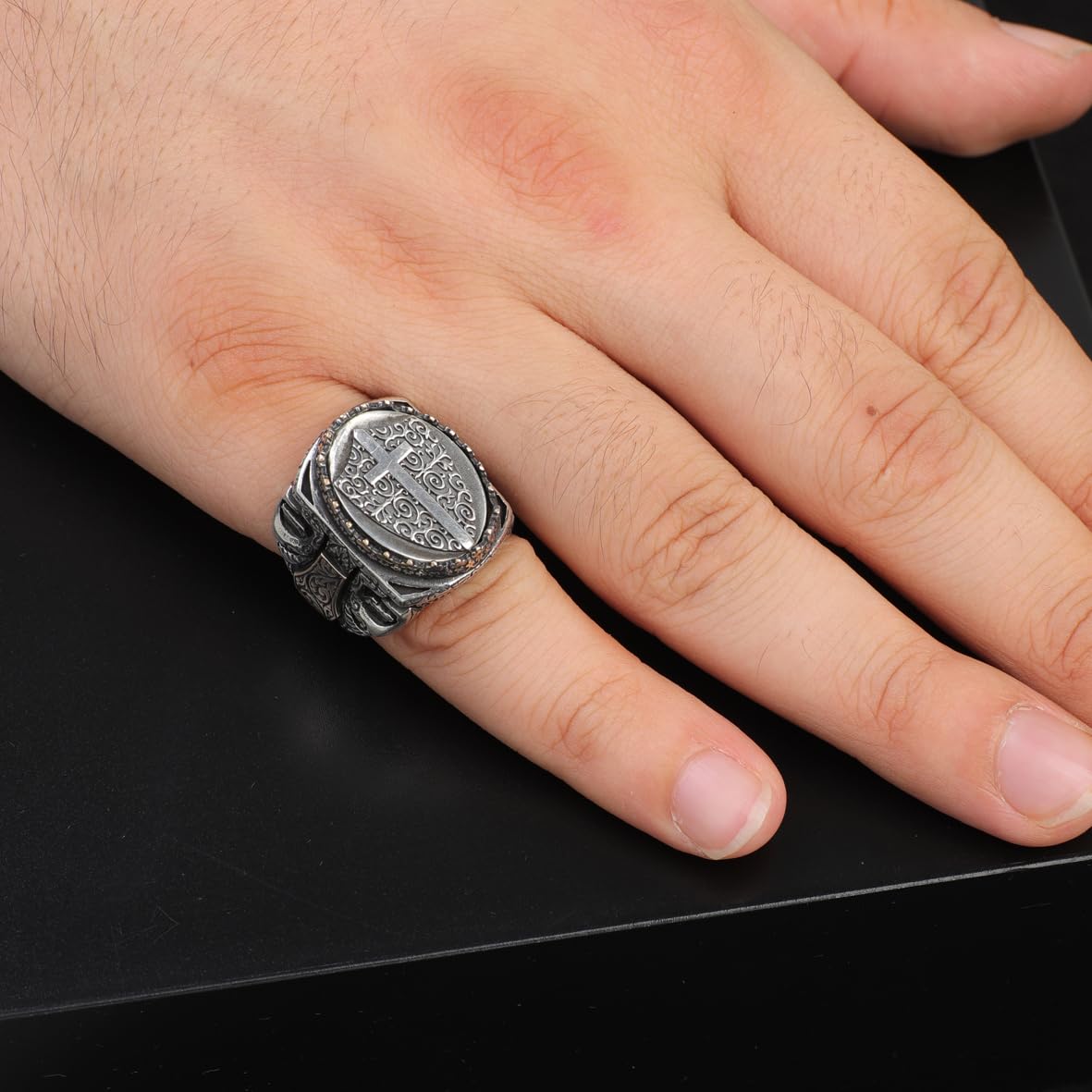 Vintage Shield Cross Signet Ring for Men - 925 Sterling Silver Christian Statement Ring - Polished Handmade Engagement Ring with Custom Engraving
