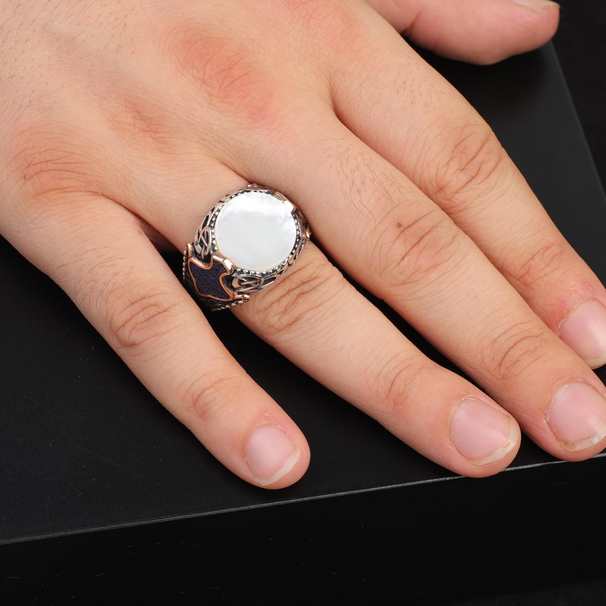 Vintage Mother of Pearl Signet Ring with Micro Sapphire Stone - 925 Sterling Silver Men's Gemstone Ring