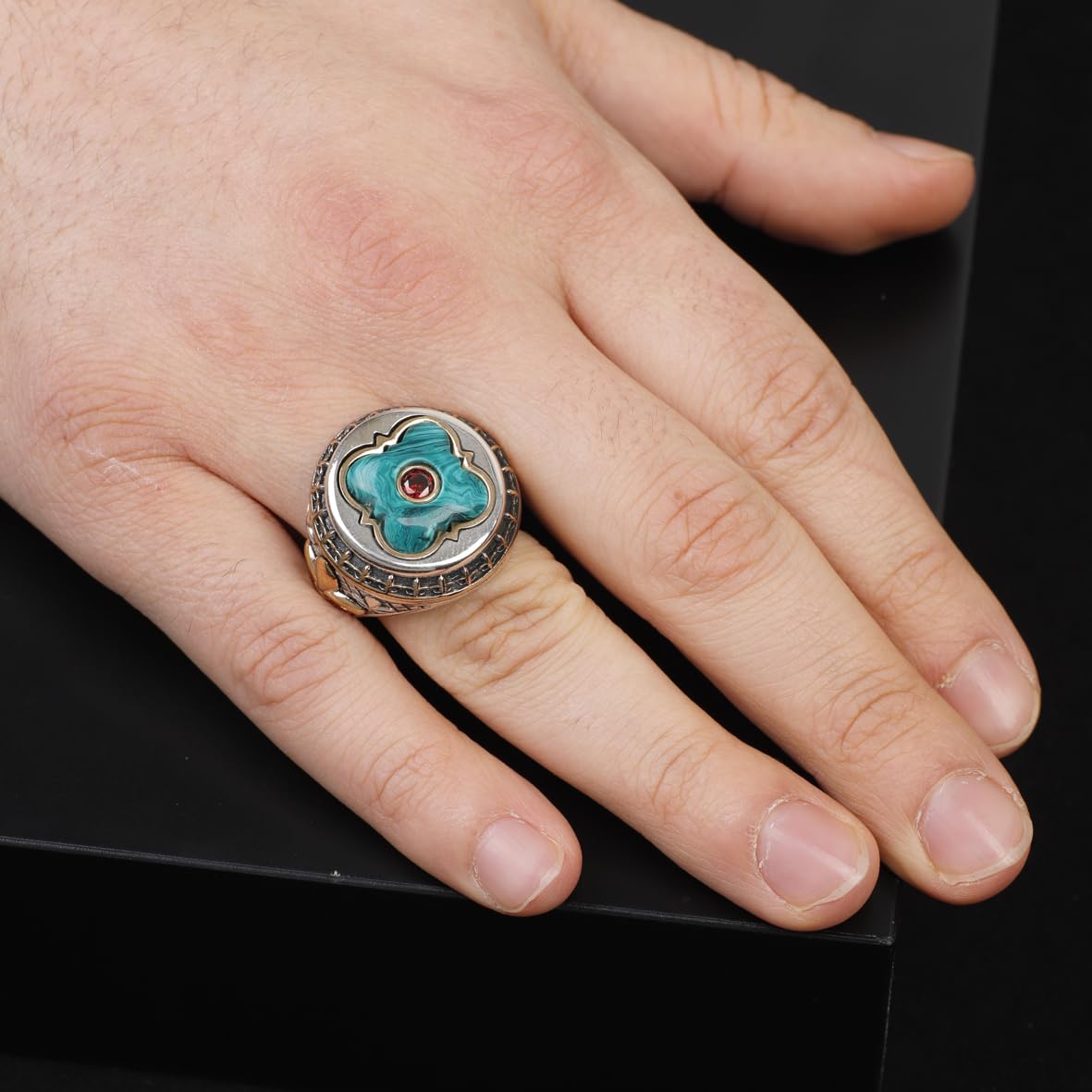 Vintage Malachite Ring with Micro Ruby Stone - Handmade 925 Sterling Silver Mens Ring with Gemstone - Includes Silver Polishing Cloth Gift