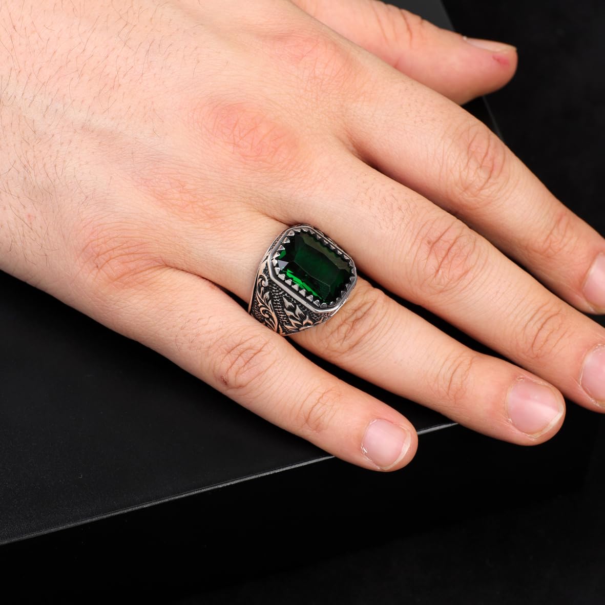 Handmade Emerald Gemstone Engagement Ring for Men Vintage 925 Sterling Silver