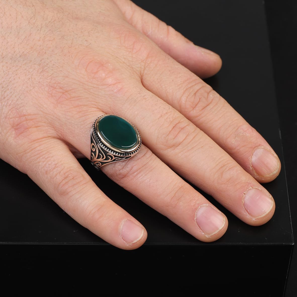 Vintage Jade Gemstone Signet Ring for Men - Handmade Sterling Silver Engagement Ring with Custom Engraving - Gift Silver Polishing Cloth