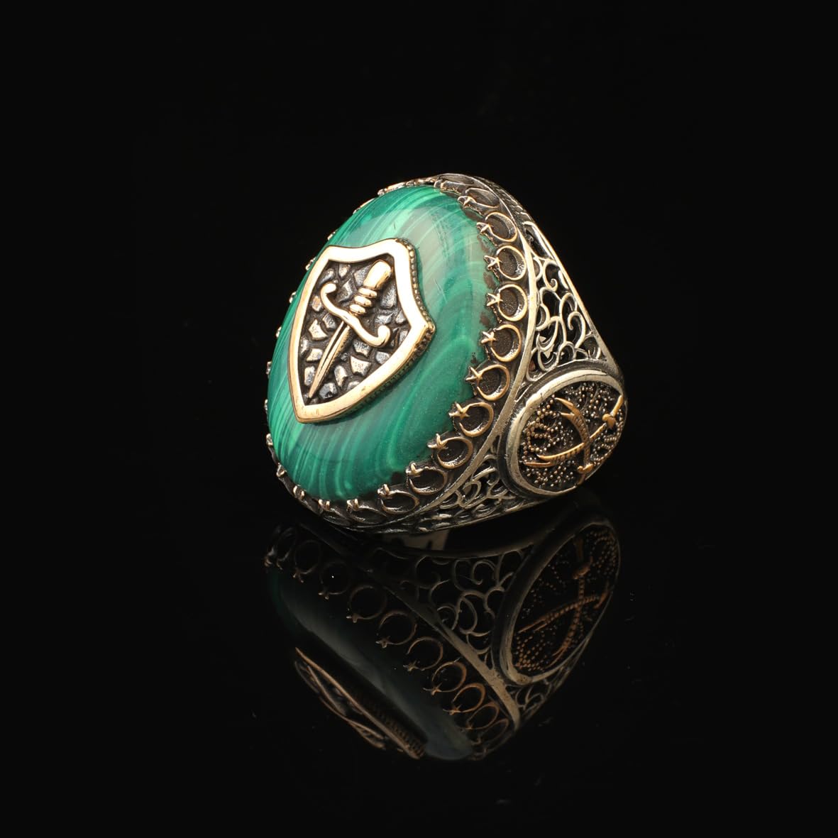 Malachite Sword Turkish Ring Large Chunky Silver Whiskey Barrel Ottoman Vintage 925 Sterling Engagement Promise Ring Gemstone Gift for Husband