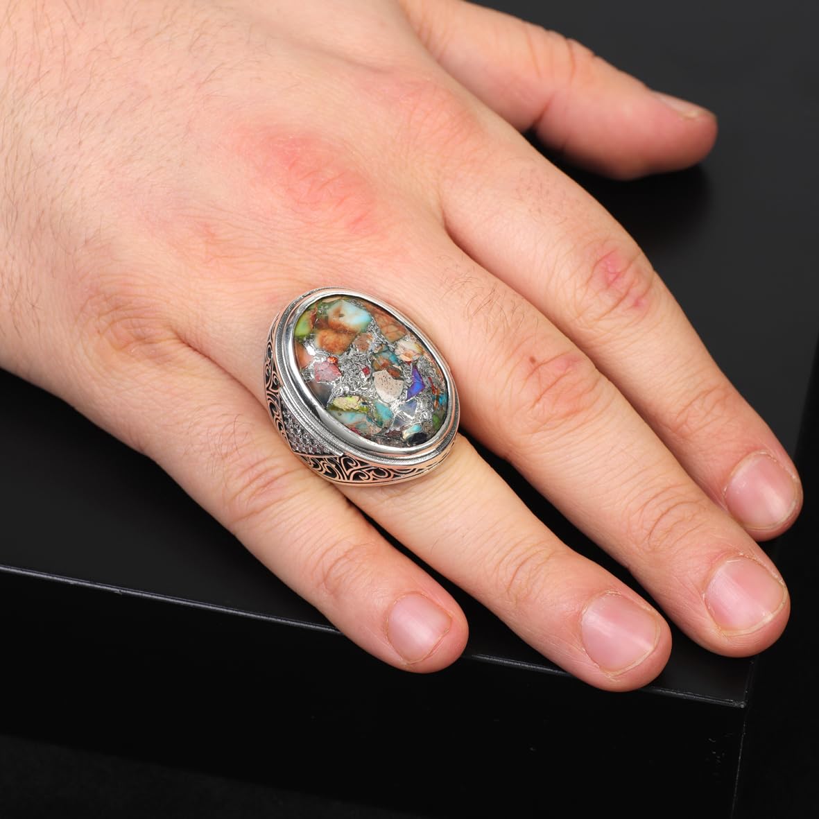 Handmade Mens Silver Rings – Chunky Turquoise Gemstone Ring