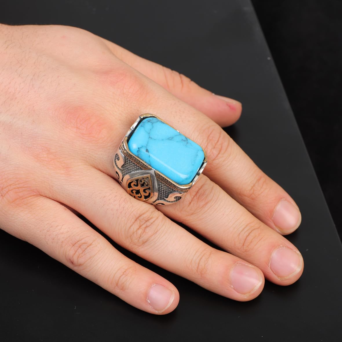 Turquoise Ring - Large Gemstone Ottoman Vintage Handmade 925 Sterling Silver Men's Ring with Silver Polishing Cloth Gift
