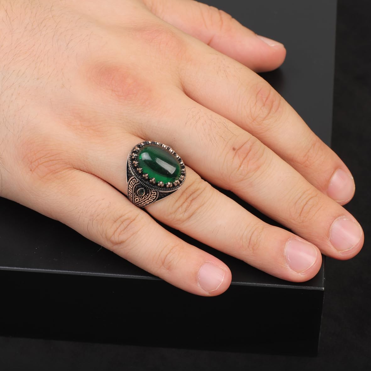 Mens Jade Ring – Handmade Ottoman Style Oval Gemstone Sterling Silver Ring