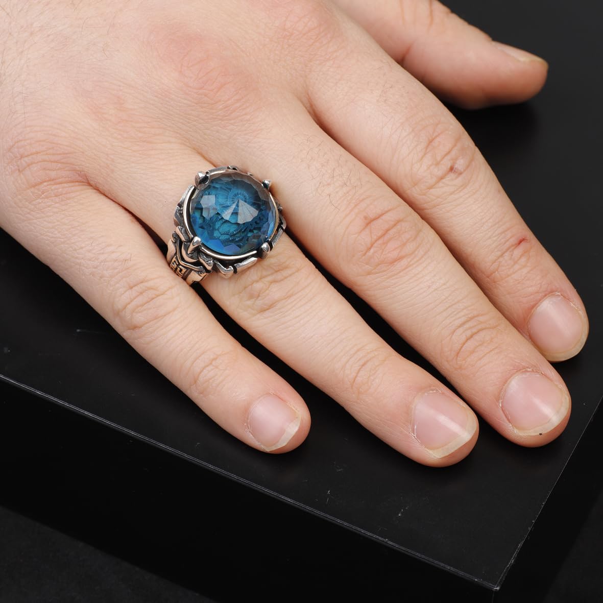 Men's Ring - Man Silver Aquamarine Stone Gemstone Ring in 925 Sterling Silver