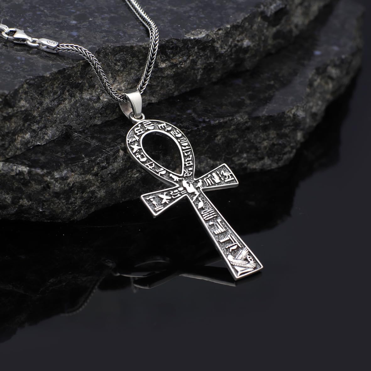 Sterling Silver Men's Cross Necklace with Egyptian Hieroglyphic Symbols - Complete with Silver Chain - Birthday Gifts