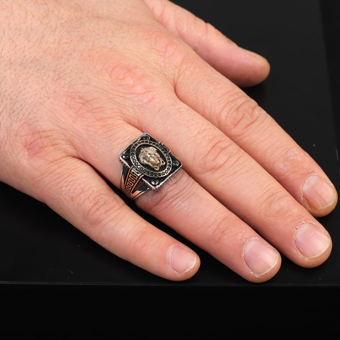 Handmade Medusa Ring for Men – Gothic Signet Ring with Micro Onyx Stone – 925 Sterling Silver Vintage Engagement Ring – Gemstone Mens Silver Ring with Custom Engraving