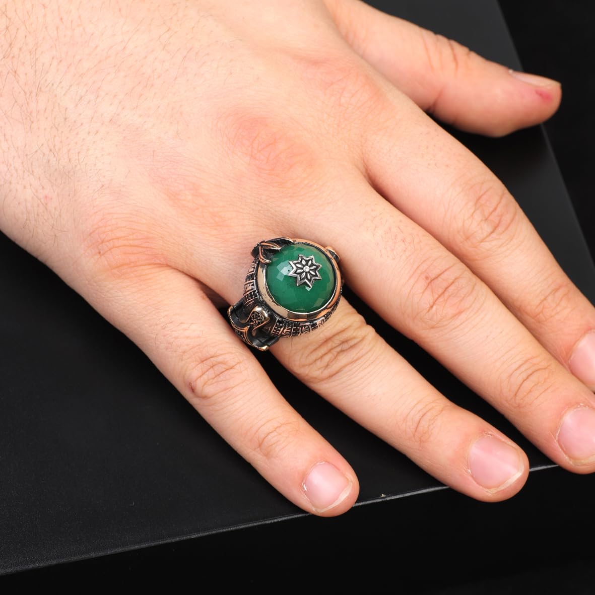 Handmade Emerald Gemstone Ottoman Style Sword Ring for Men Vintage 925 Sterling Silver