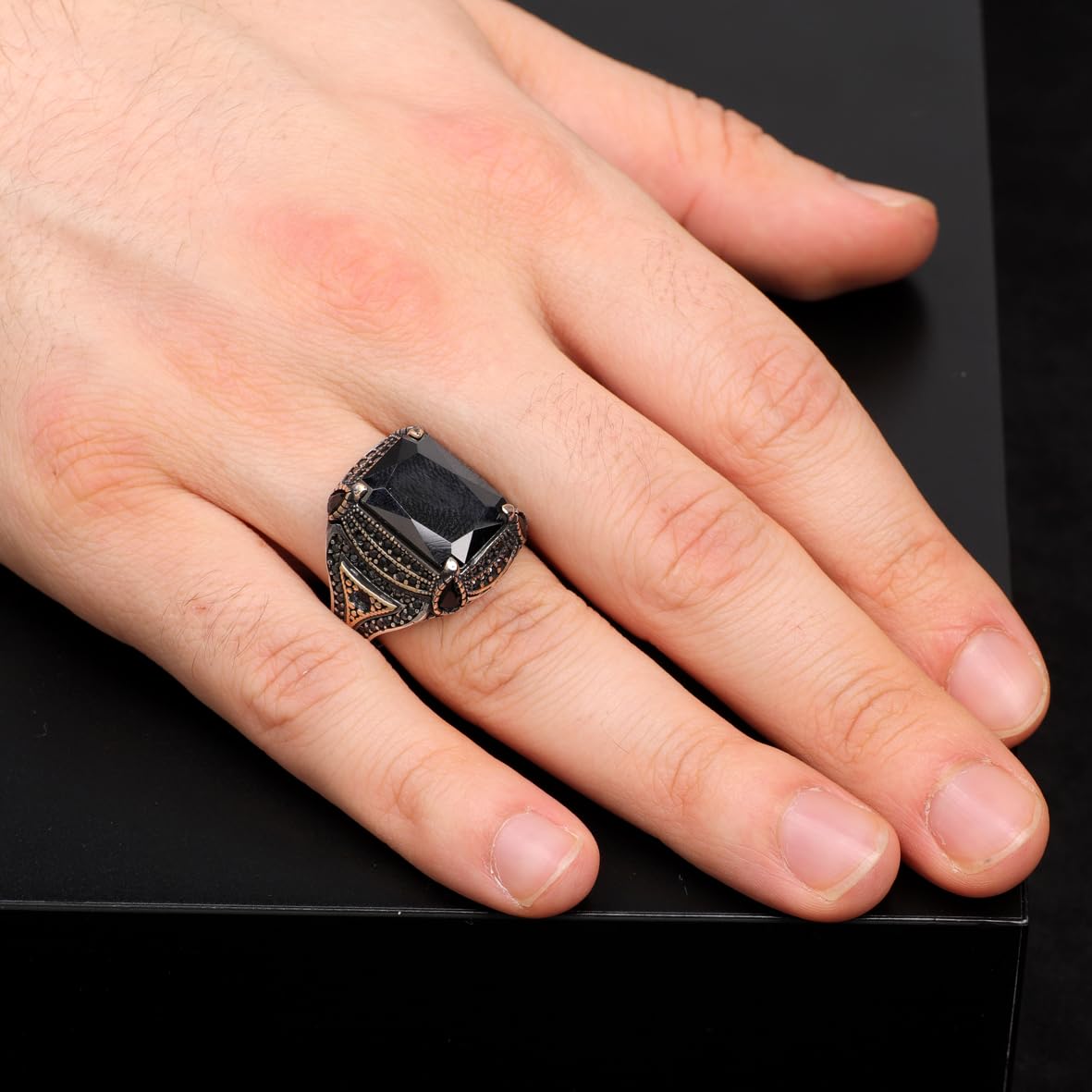 Square Ottoman Ring with Black Onyx - Stylish Square Ottoman Ring Featuring Black Onyx - Handcrafted 925 Sterling Silver Men's Ring - Birthday Gifts