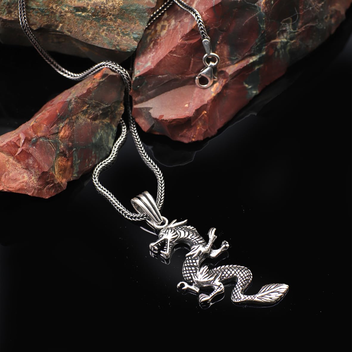 Dragon Necklace – Gothic Polished Sterling Silver Biker Pendant with Silver Chain & Cleaning Cloth Gift - Sterling Silver Dragon Necklace