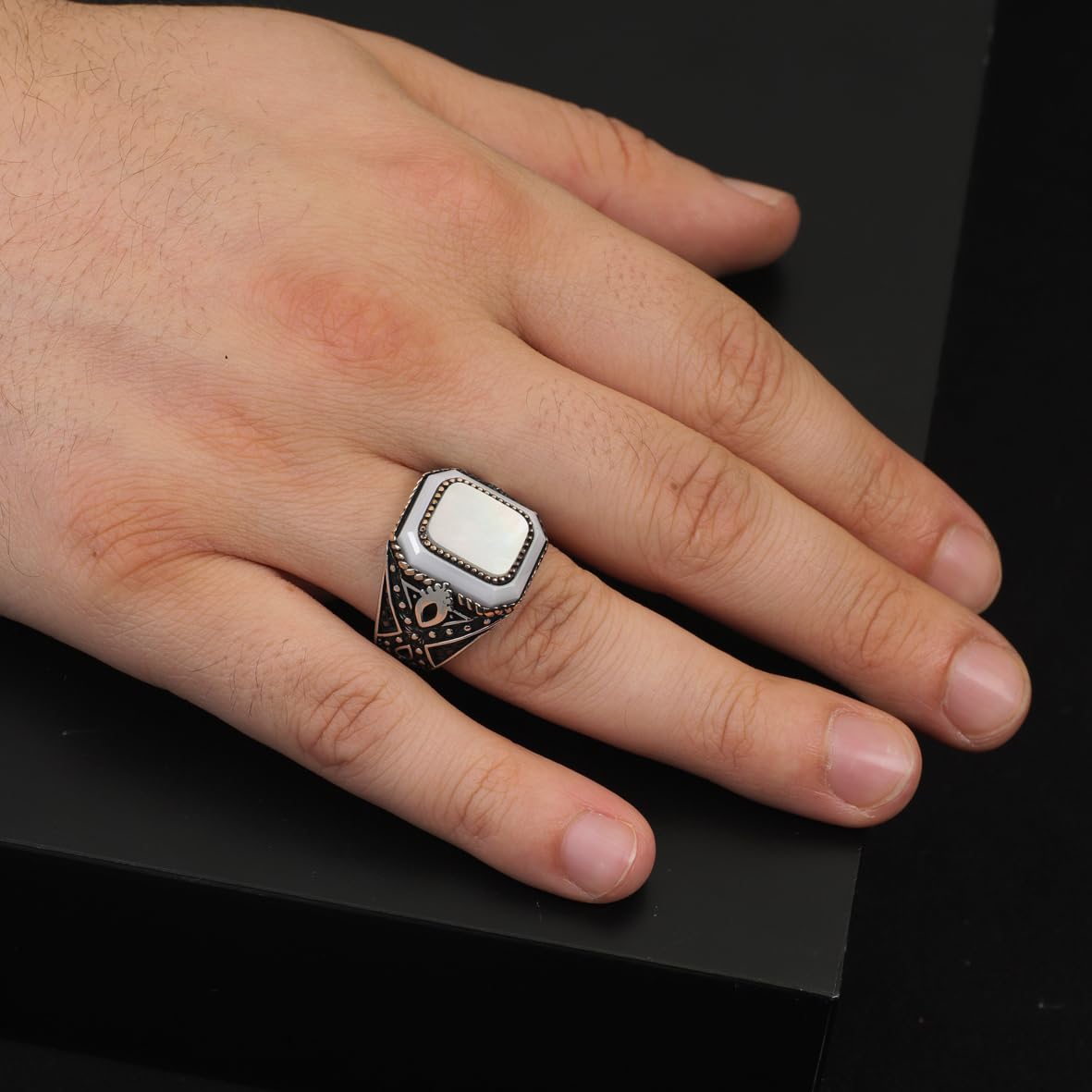 Handmade Vintage Men's Mother of Pearl Gemstone Ring - 925 Sterling Silver Turkish Engagement Ring - Polished Finish with Silver Polishing Cloth Gift