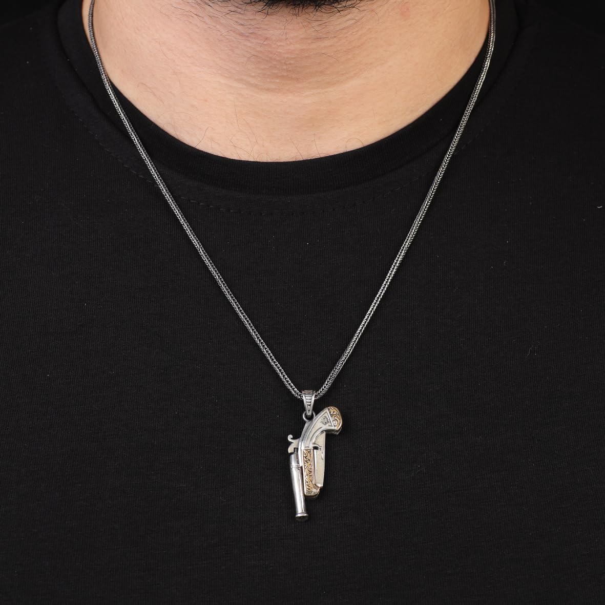 Sterling Silver Knife Necklace & Pistol Necklace – Mens Gothic Pendant on Silver Chain – Biker Jewelry with Silver Cleaning Cloth Gift