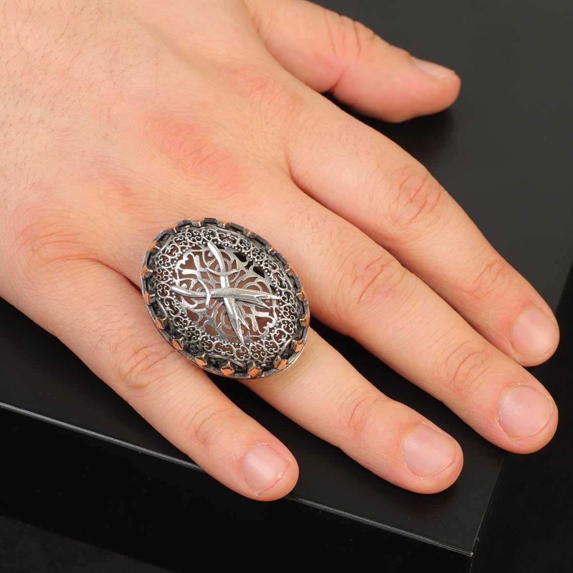 Sword Signet Ring Large Statement Whiskey Barrel Chunky Silver Ottoman Vintage 925 Sterling Promise Engagement Ring Gift for Husband
