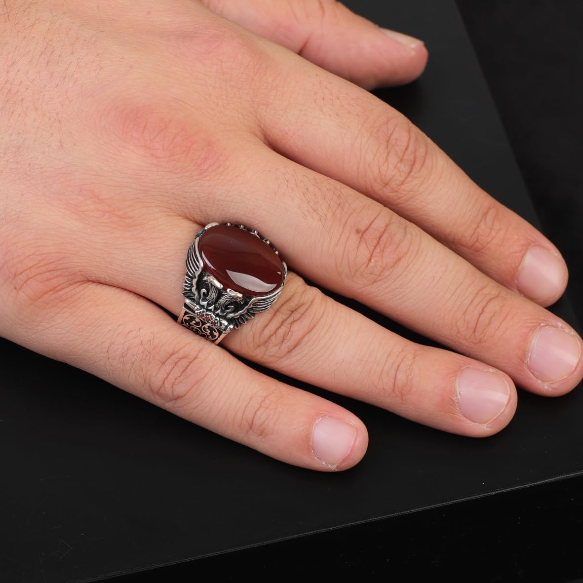 Handmade Carnelian Signet Eagle Ring - Vintage Ottoman Style Pinky Ring in Sterling Silver