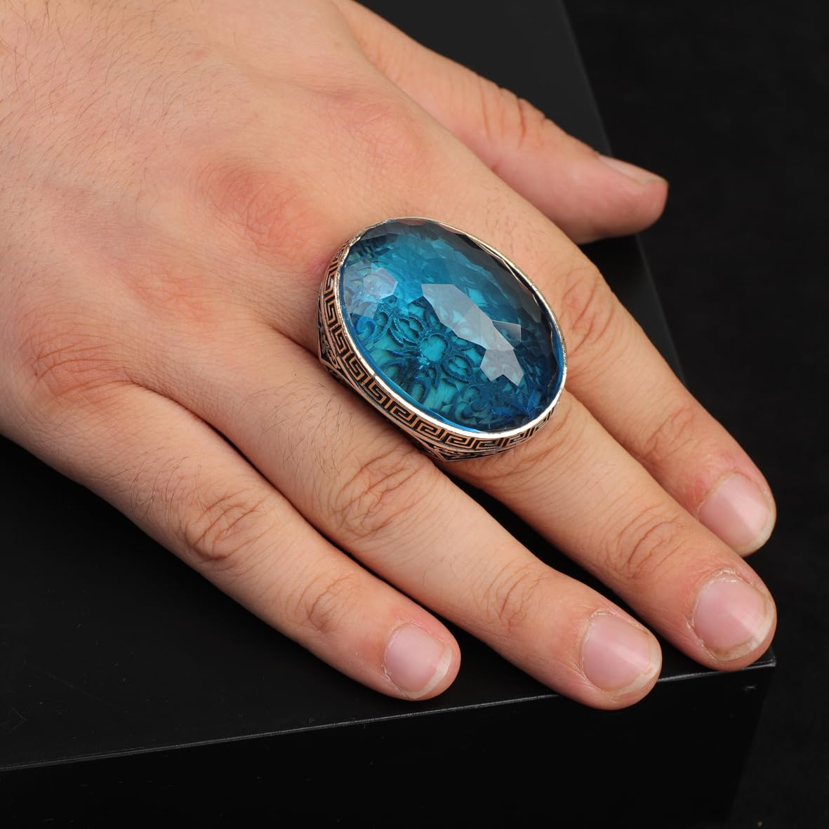 Handmade Aquamarine Ring for Men with Large Oval Stone – Vintage 925 Sterling Silver Engagement Ring