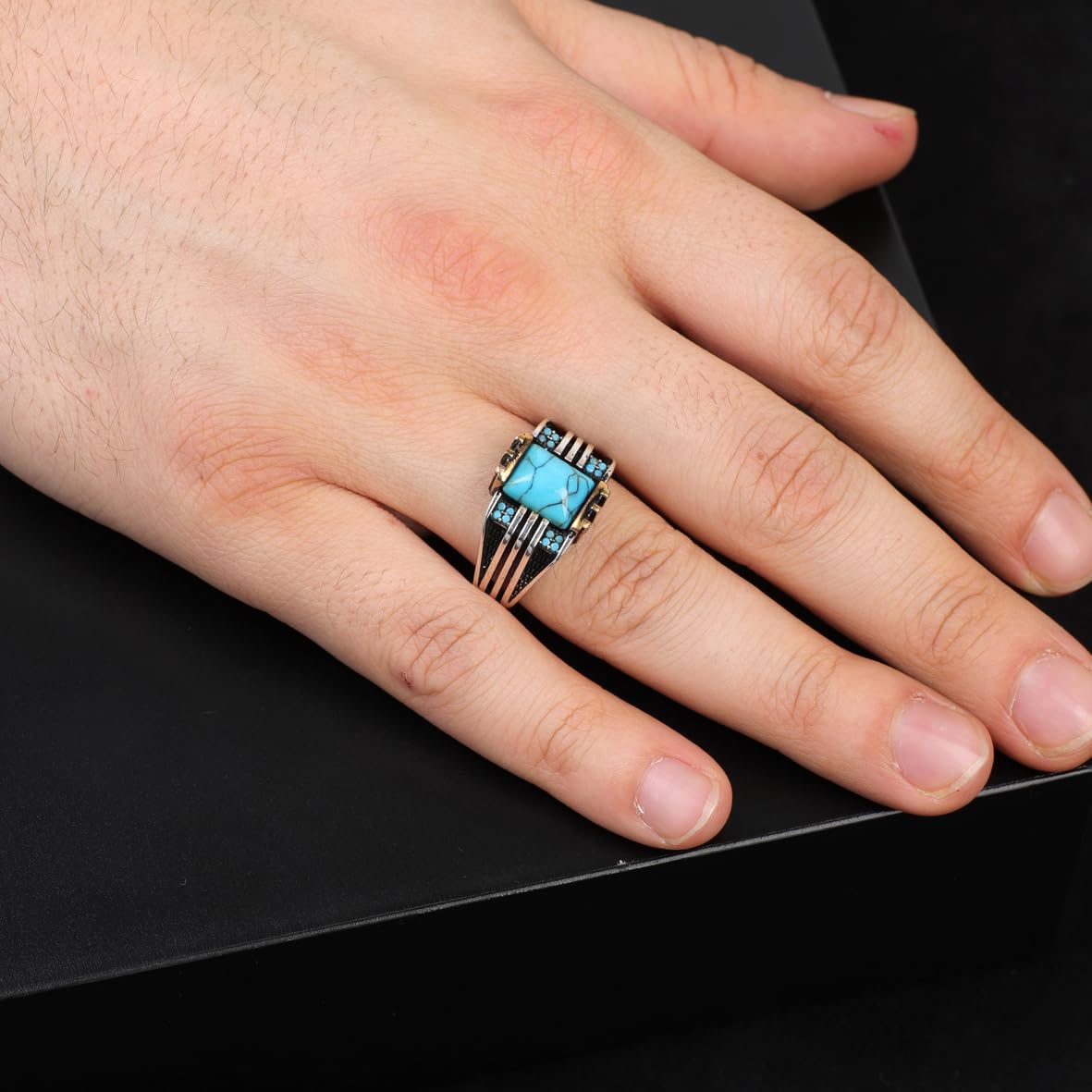 Handmade Turquoise Gemstone Square Stone Pinky Ring for Men Vintage 925 Sterling Silver
