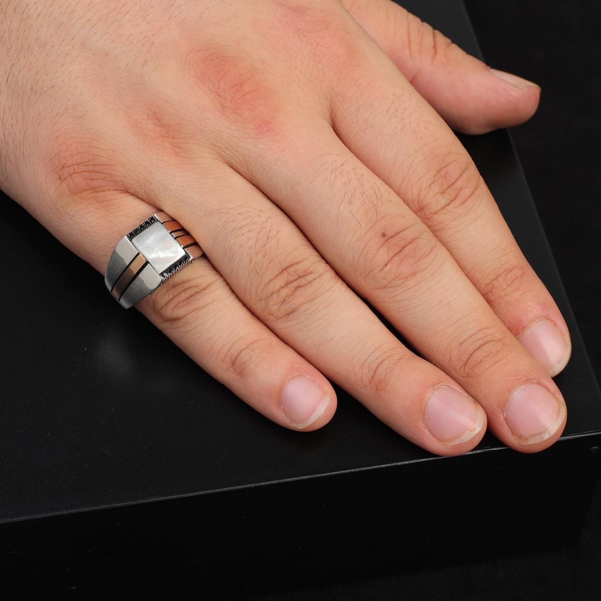 Handmade Mother of Pearl Gemstone Signet Pinky Ring - Vintage 925 Sterling Silver Men's Engagement Ring - Polished Finish with Custom Engraving & Silver Polishing Cloth Gift