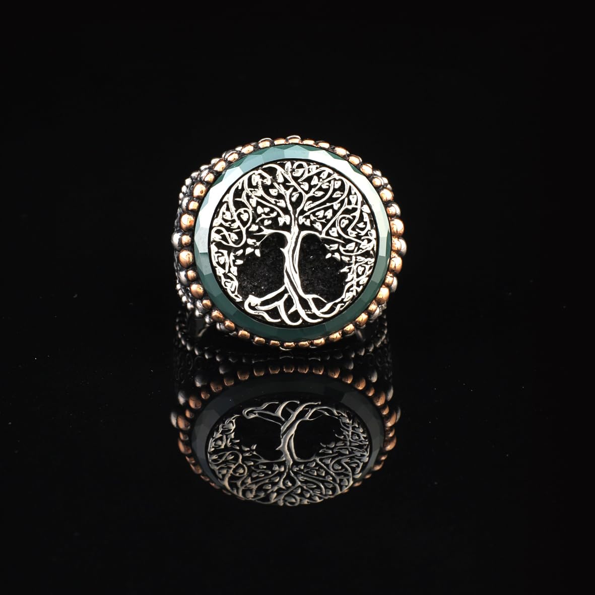 Tree of Life Jade Signet Ring - Sterling Silver Pinky Ring for Men with Gemstone