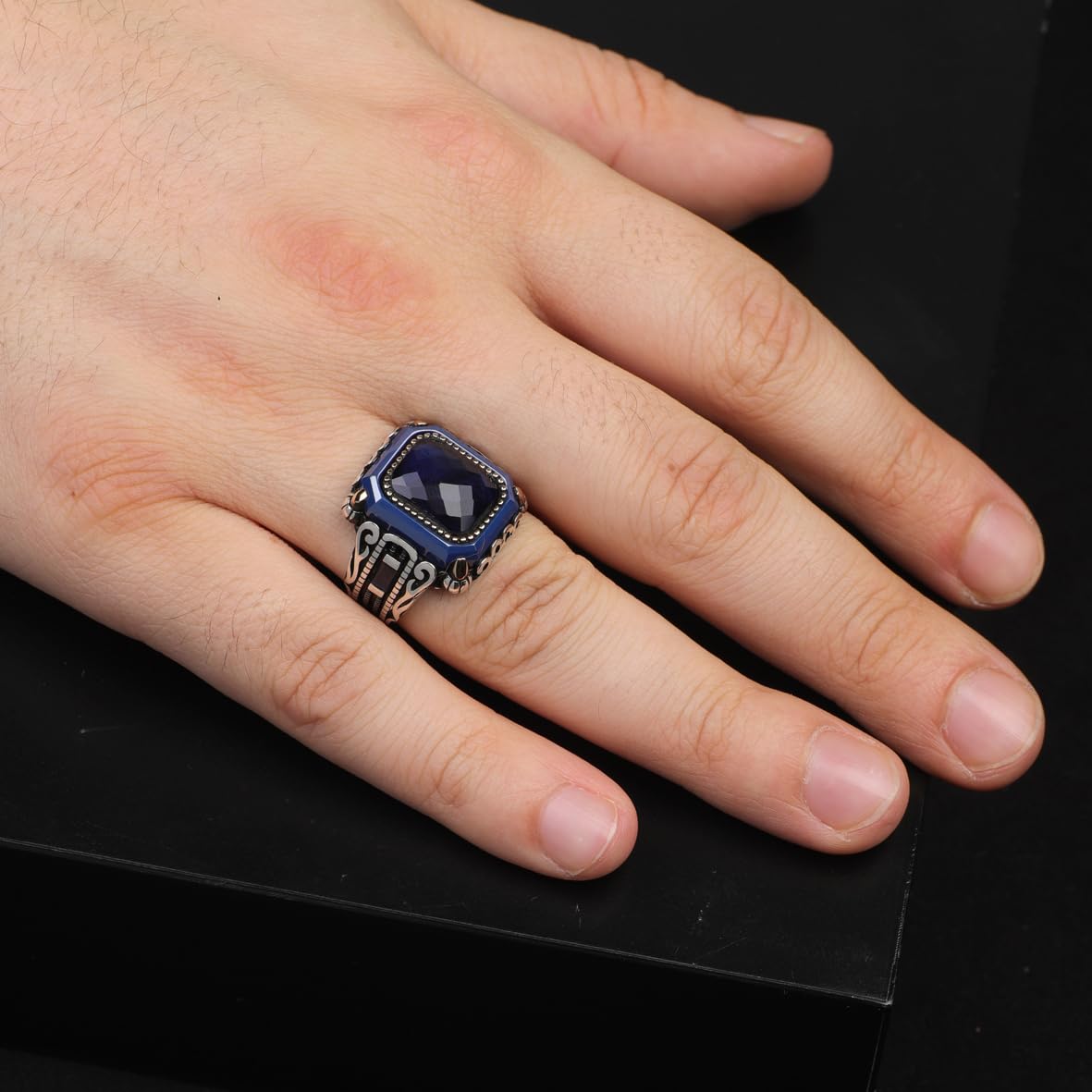 Handmade Vintage Blue Sapphire Ring - Polished 925 Sterling Silver Men's Gemstone Ring