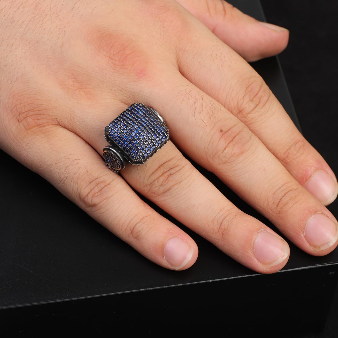 Handmade Sapphire Statement Ring - Vintage 925 Sterling Silver Men's Ring with Micro Stone