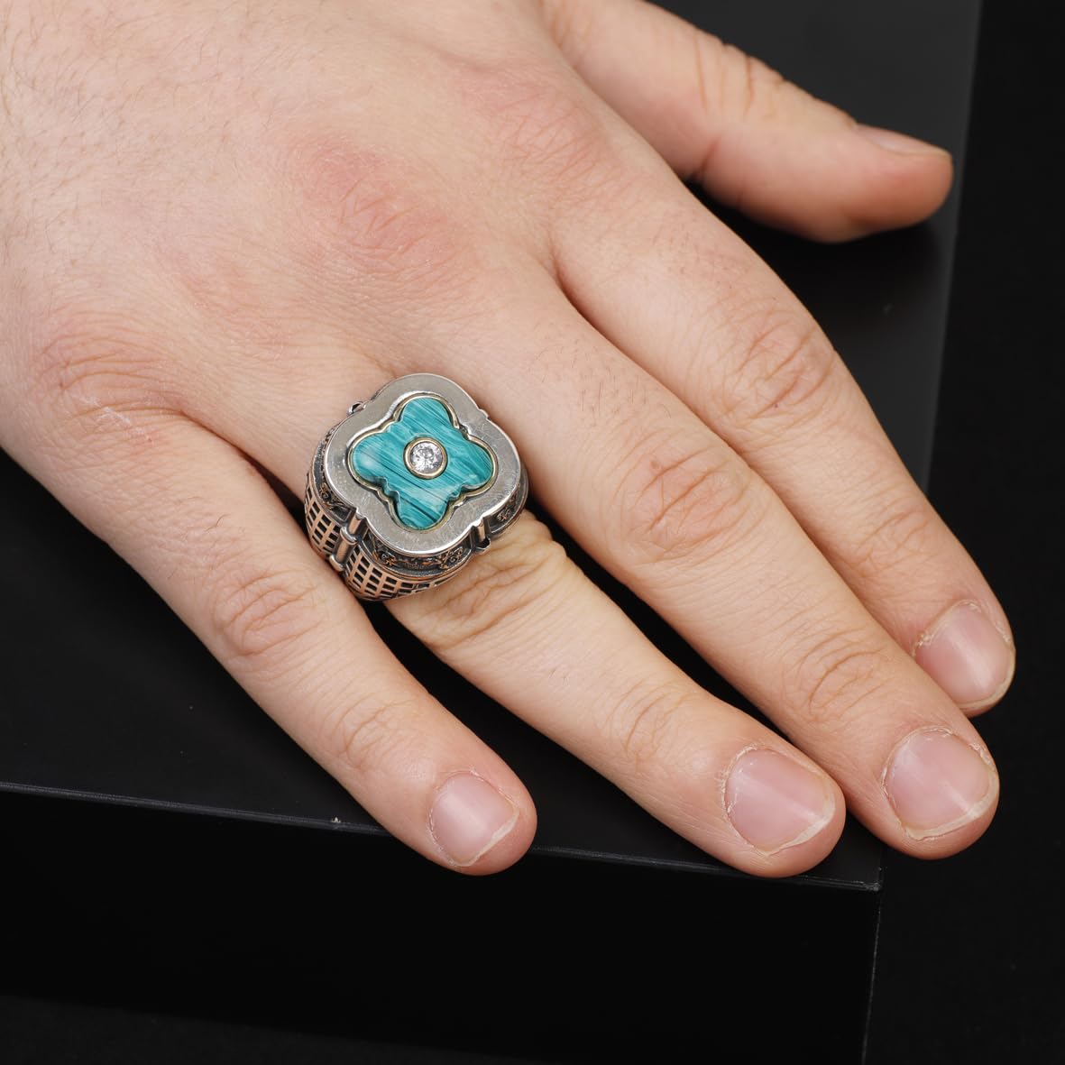 Vintage Handmade Malachite and White Sapphire Sword Ring - 925 Sterling Silver Men's Ring with Micro Stone Accent and Silver Polishing Cloth Gift