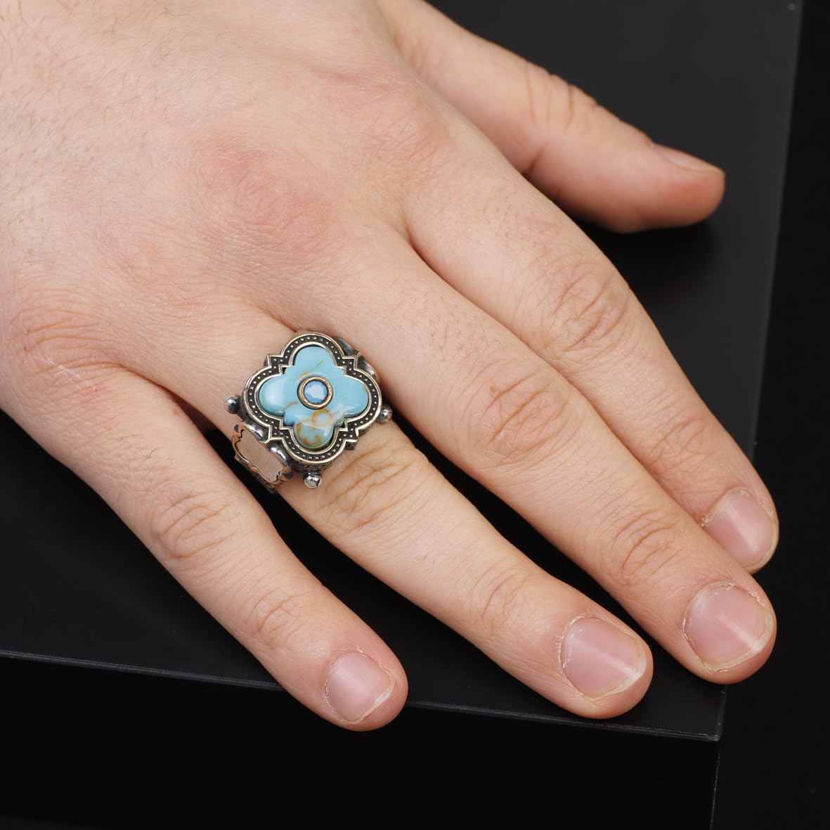 Genuine White Turquoise & Micro Stone Men's Ring