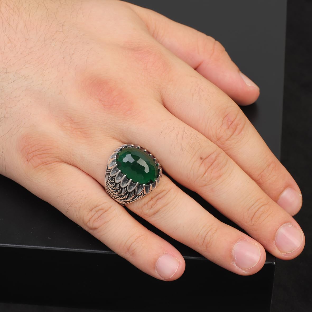 Emerald Ottoman Oval Gemstone Ring – Handmade 925 Sterling Silver Vintage Ring for Men – Custom Engraved Engagement Ring with Gift Silver Polishing Cloth