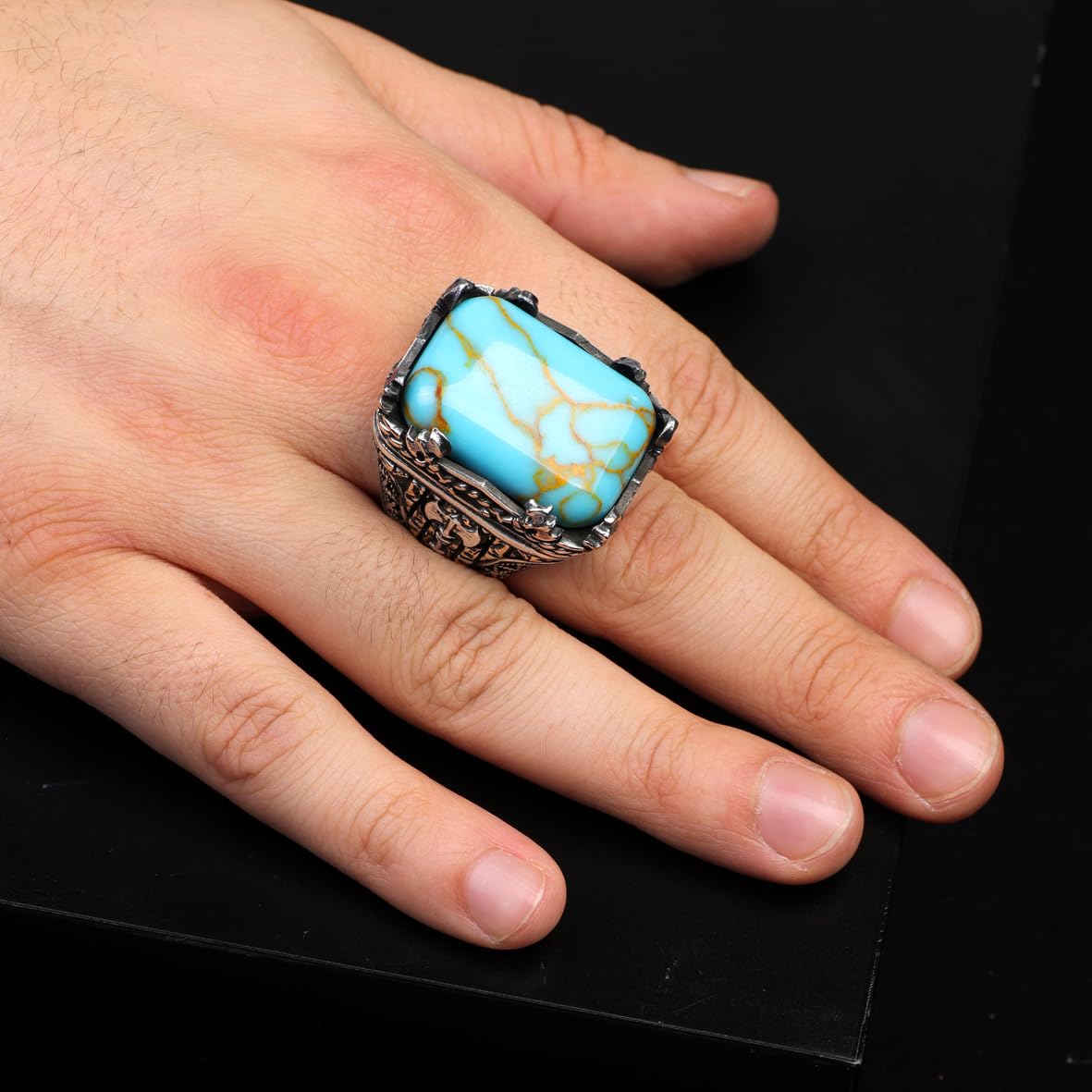 Vintage Large Turquoise Ax Ring for Men - 925 Sterling Silver Turkish Handmade Polished Engagement Ring with Silver Polishing Cloth Gift
