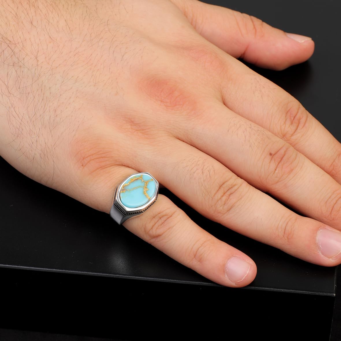 Mens Turquoise Pinky Signet Ring – Handmade Vintage Gemstone Sterling Silver Ring with Custom Engraving – Engagement Rings for Men + Gift Silver Polishing Cloth