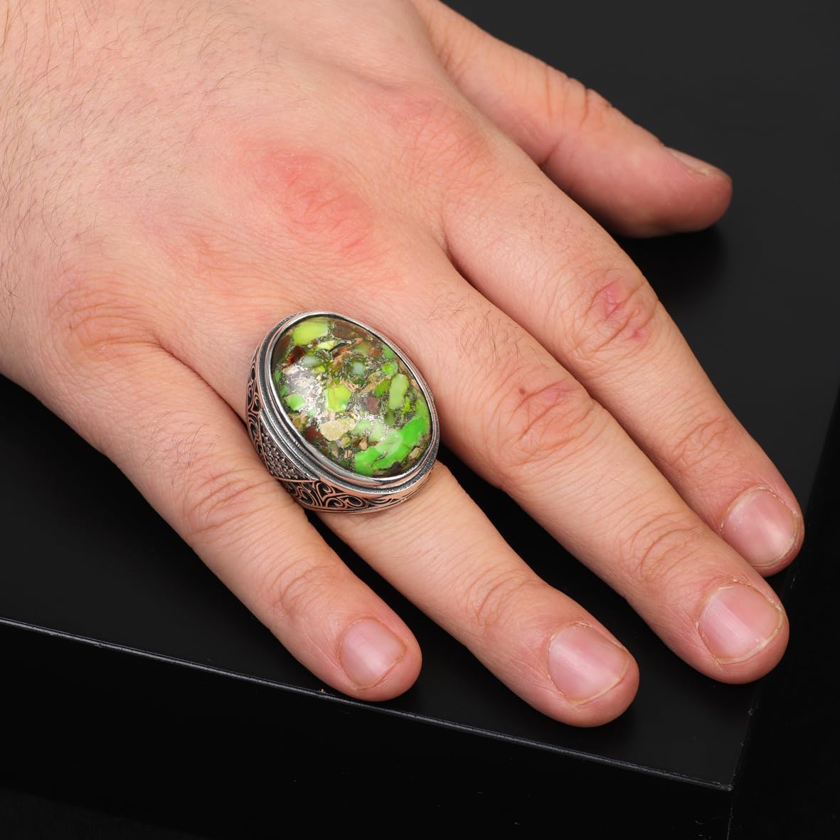 Sterling Silver Mens Turquoise Ring – Large Chunky Ring with Micro Sapphire Stone