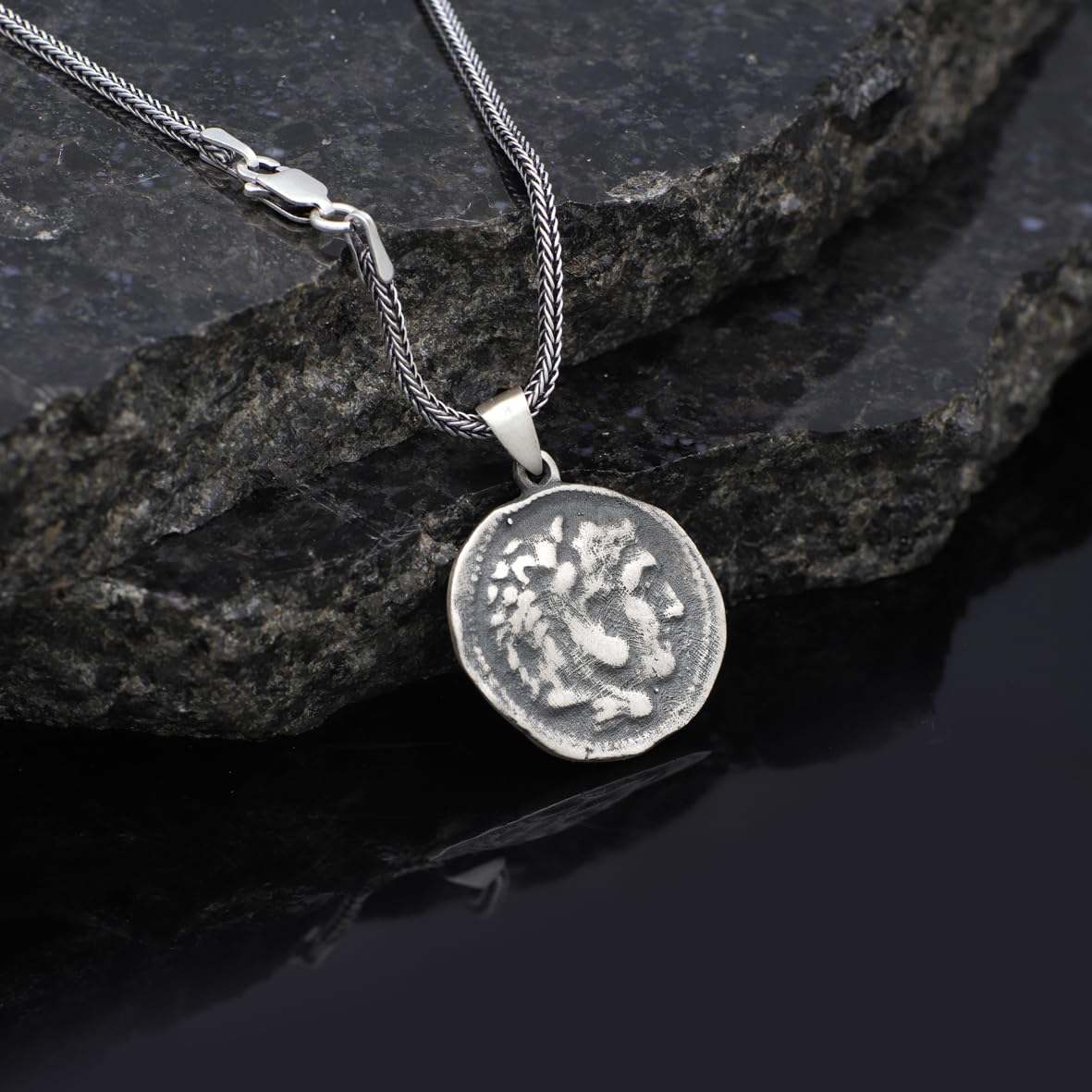 Sterling Silver Men's Mythology Necklace with Antique Caesar Coin Pendant and Silver Chain - Birthday Gifts