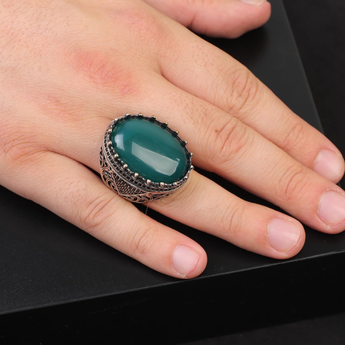 Handmade Vintage Jade Ring with Micro Onyx Stone - Chunky Sterling Silver Engagement Ring for Men - Custom Engraving Available - Ottoman Style with Gift Silver Polishing Cloth