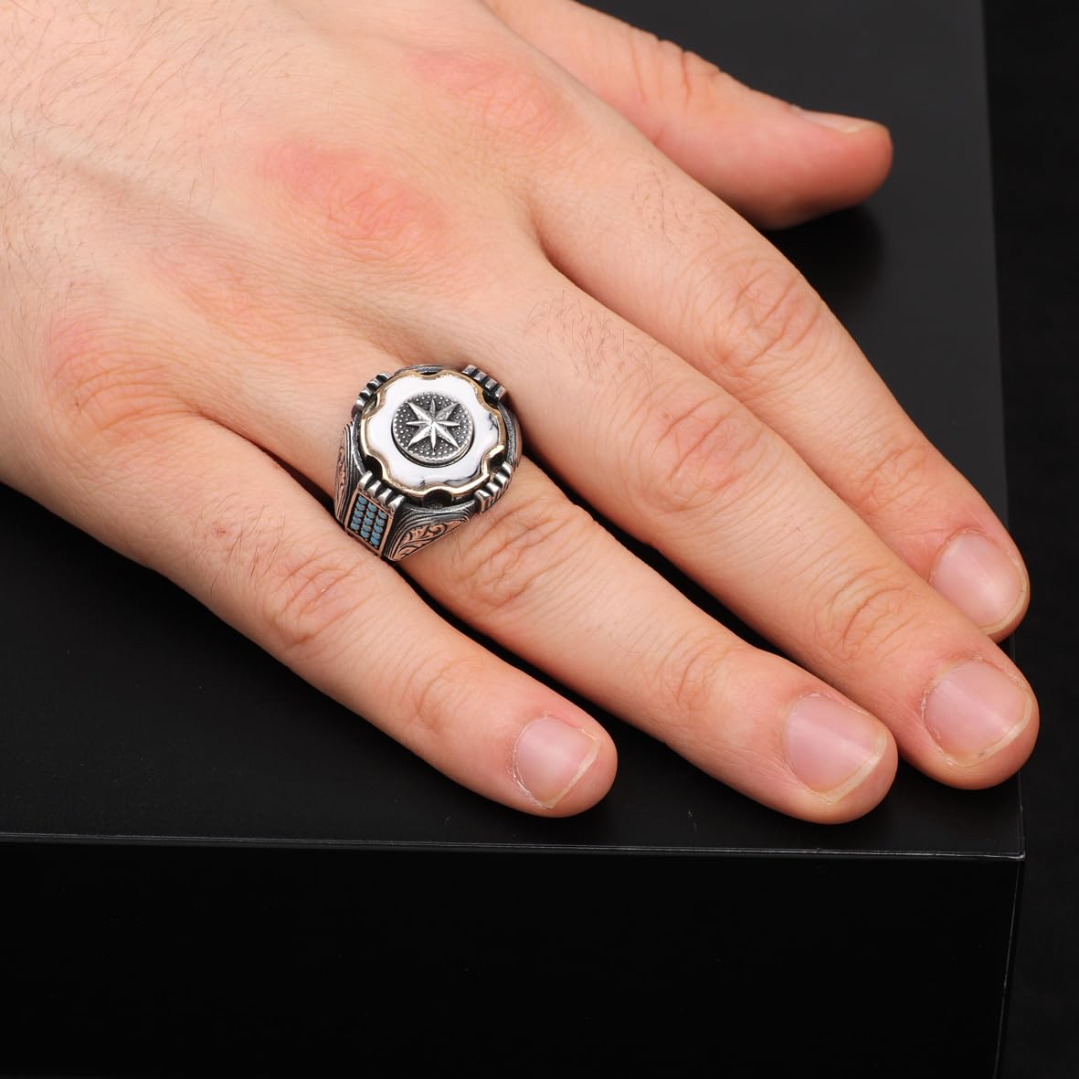 925 Sterling Silver White Turquoise and Pole Star Rotating Ring for Men - White Turquoise and Pole Star Design - Birthday Gifts