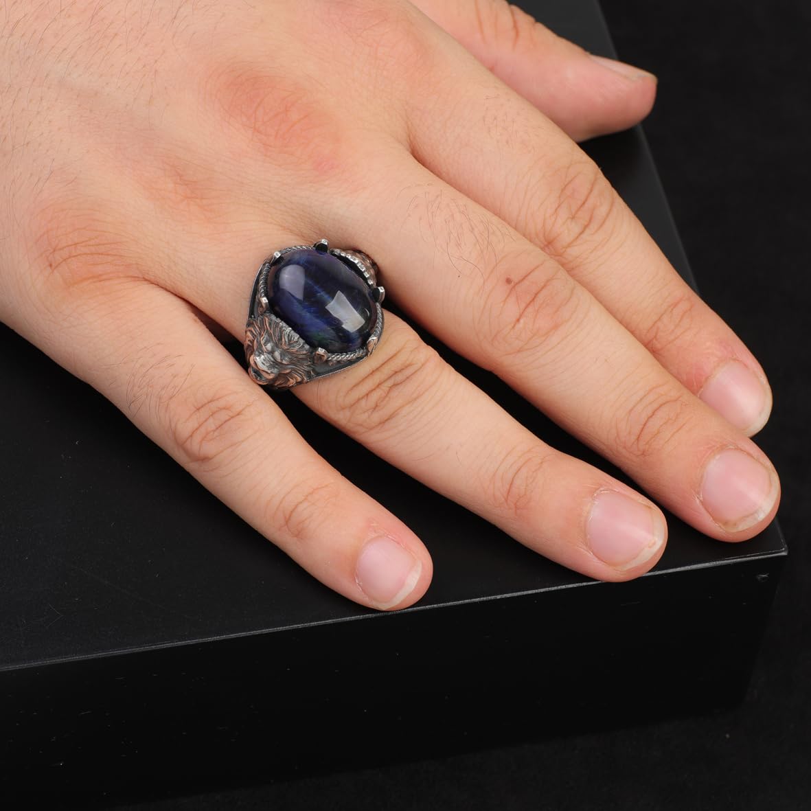Men's 925 Sterling Silver Lion Ring with Blue Tiger Eye Oval Stone - Handmade Vintage Signet Ring
