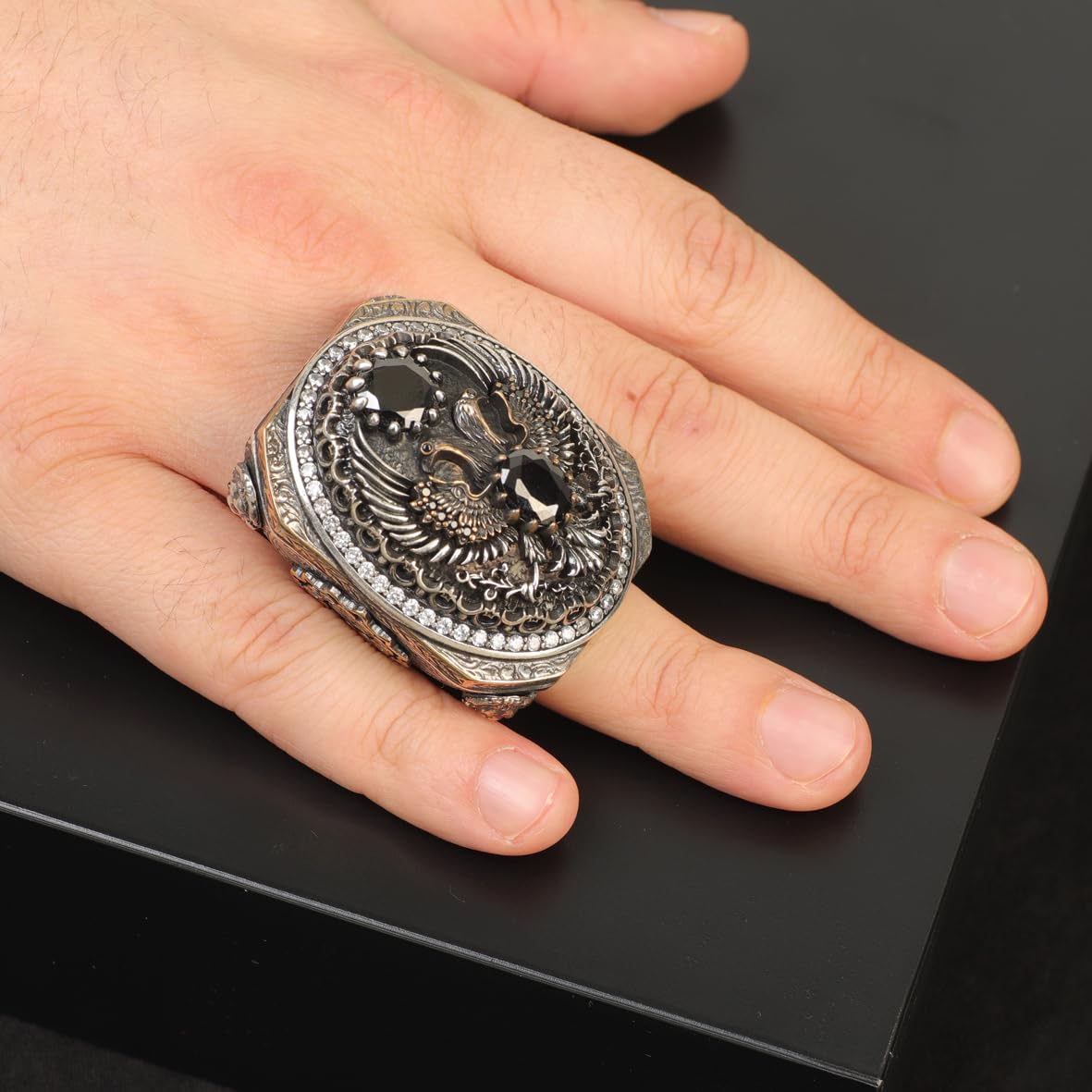 Onyx Eagle Signet Ring Large Statement Whiskey Barrel Chunky Silver Ottoman Vintage 925 Sterling Promise Engagement Gemstone Gift for Husband