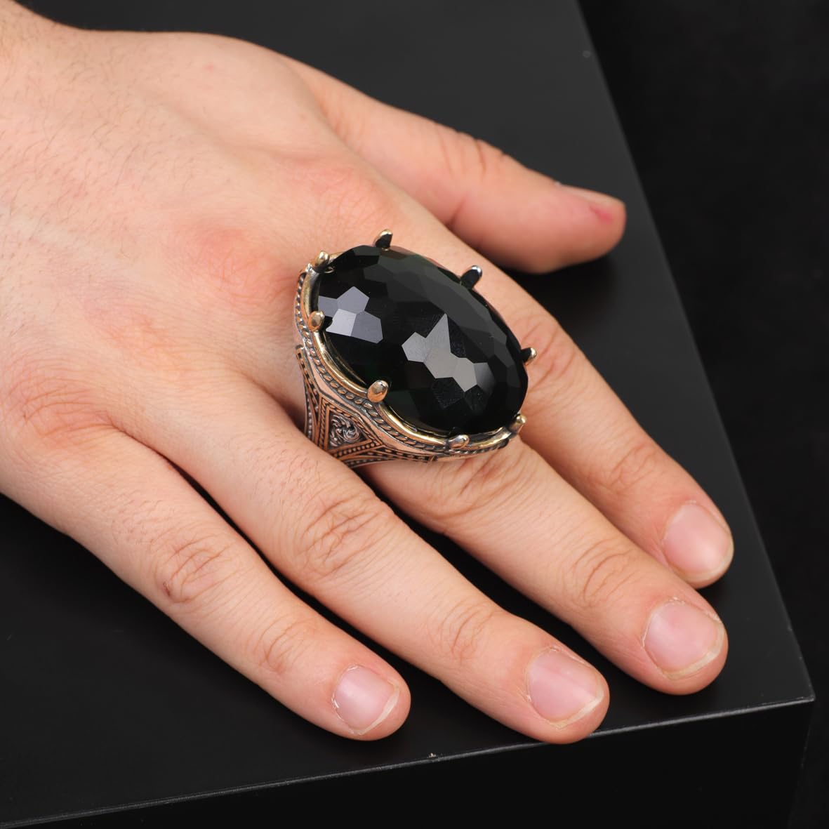 Emerald Ring -Oval Stone Large Gemstone Ring Ottoman Men Vintage Handmade 925 Sterling Silver Rings for Men with Silver Polishing Cloth Gift