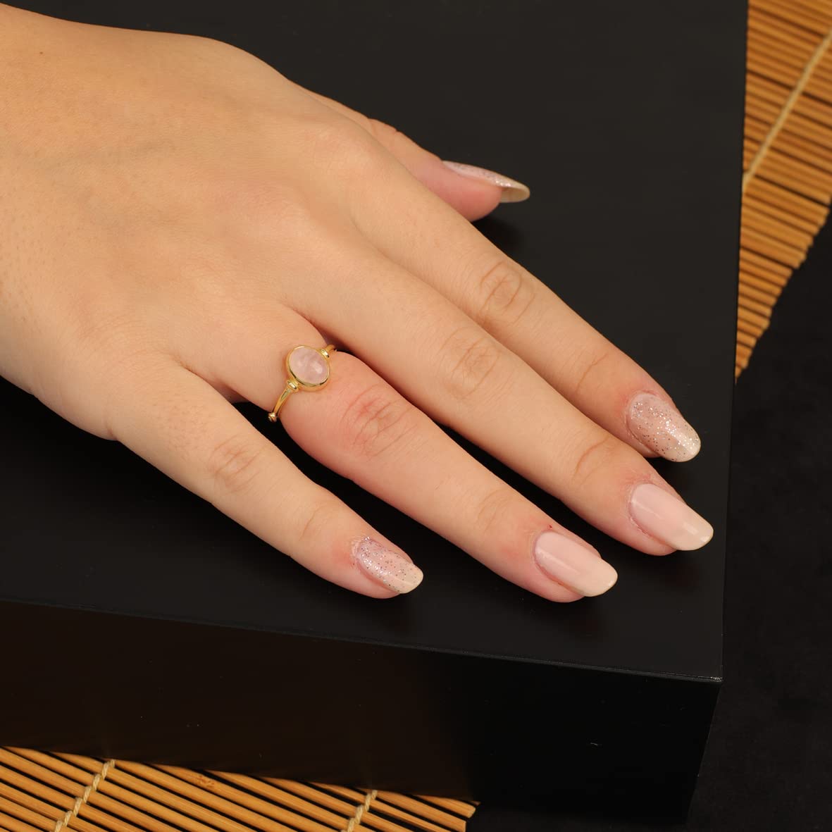 Jewellery Pit Adjustable Rose Quartz Statement Ring for Women - Handcrafted Stone Jewelry - Women's Middle Finger Adjustable Rose Quartz Ring