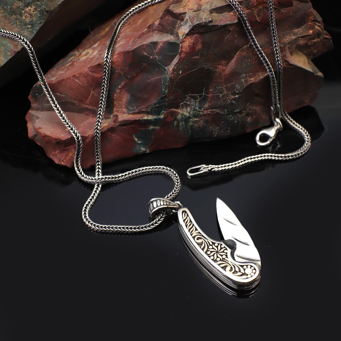 Pocket Knife Necklace – Polished Sterling Silver Mens Pendant – Biker Necklace with Silver Chain – Silver Necklace Gift + Cleaning Cloth