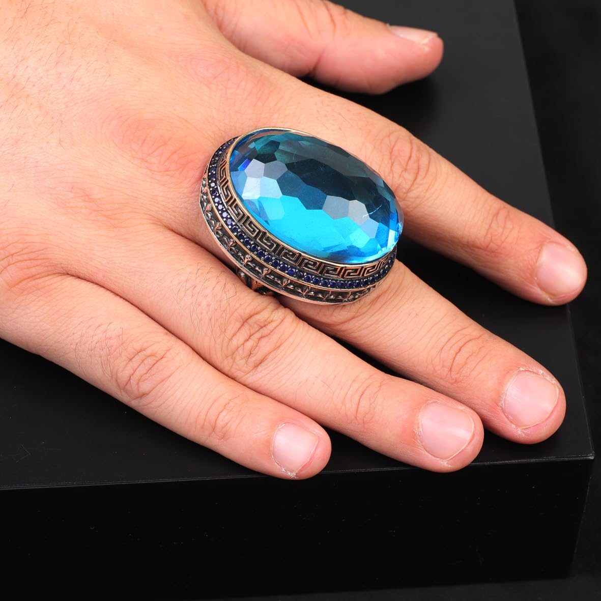 Handmade Iris Flower Model Aquamarine Ring - Chunky Sterling Silver Gemstone Ring for Men
