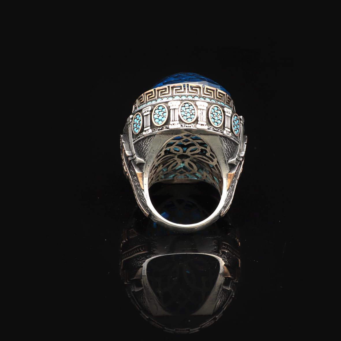 Aquamarine Ring with Micro Turquoise Stone – Large Oval Stone in Polished 925 Sterling Silver