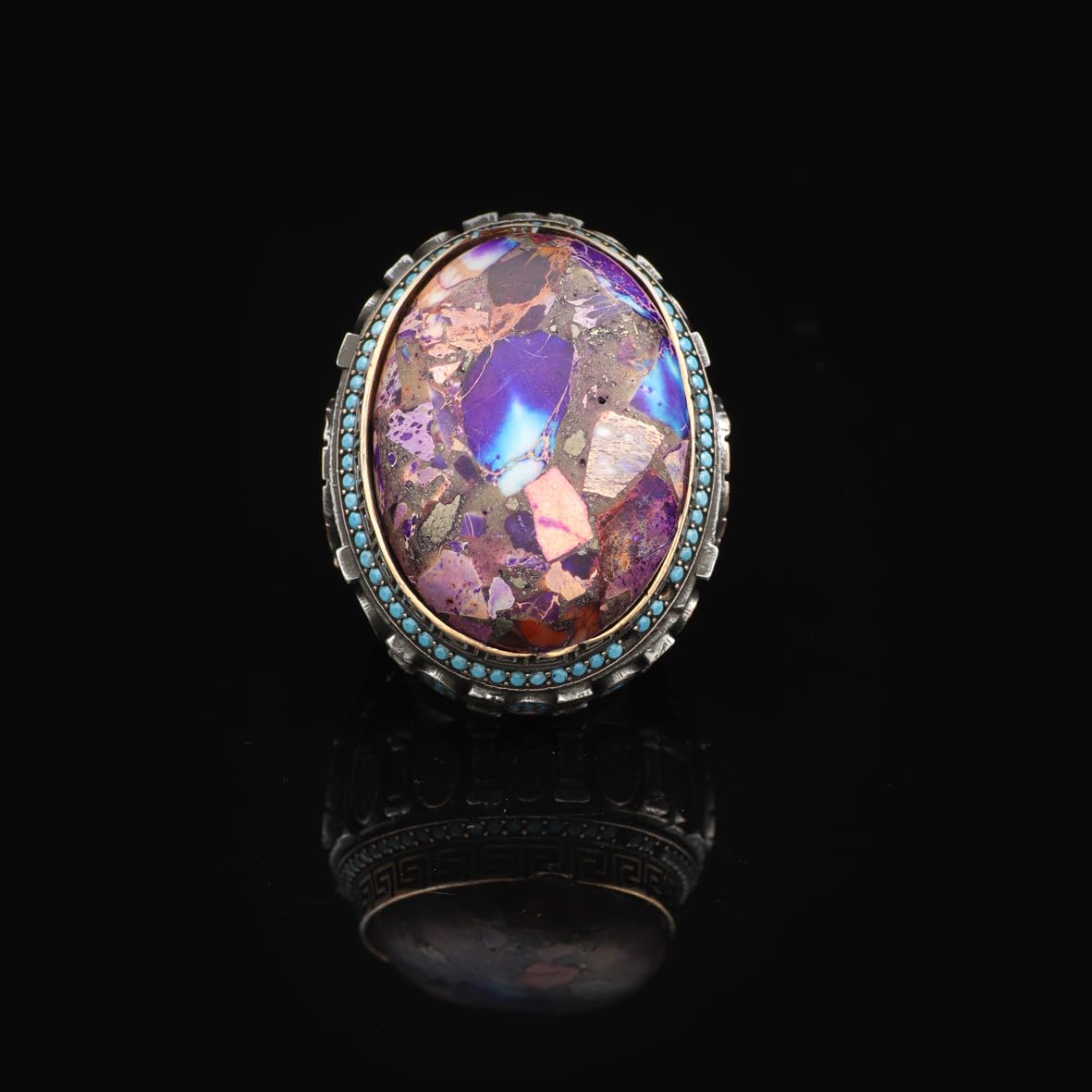 Handmade Special Turquoise and Micro Stone Ring – Large Oval Stone in Vintage Polished 925 Sterling Silver