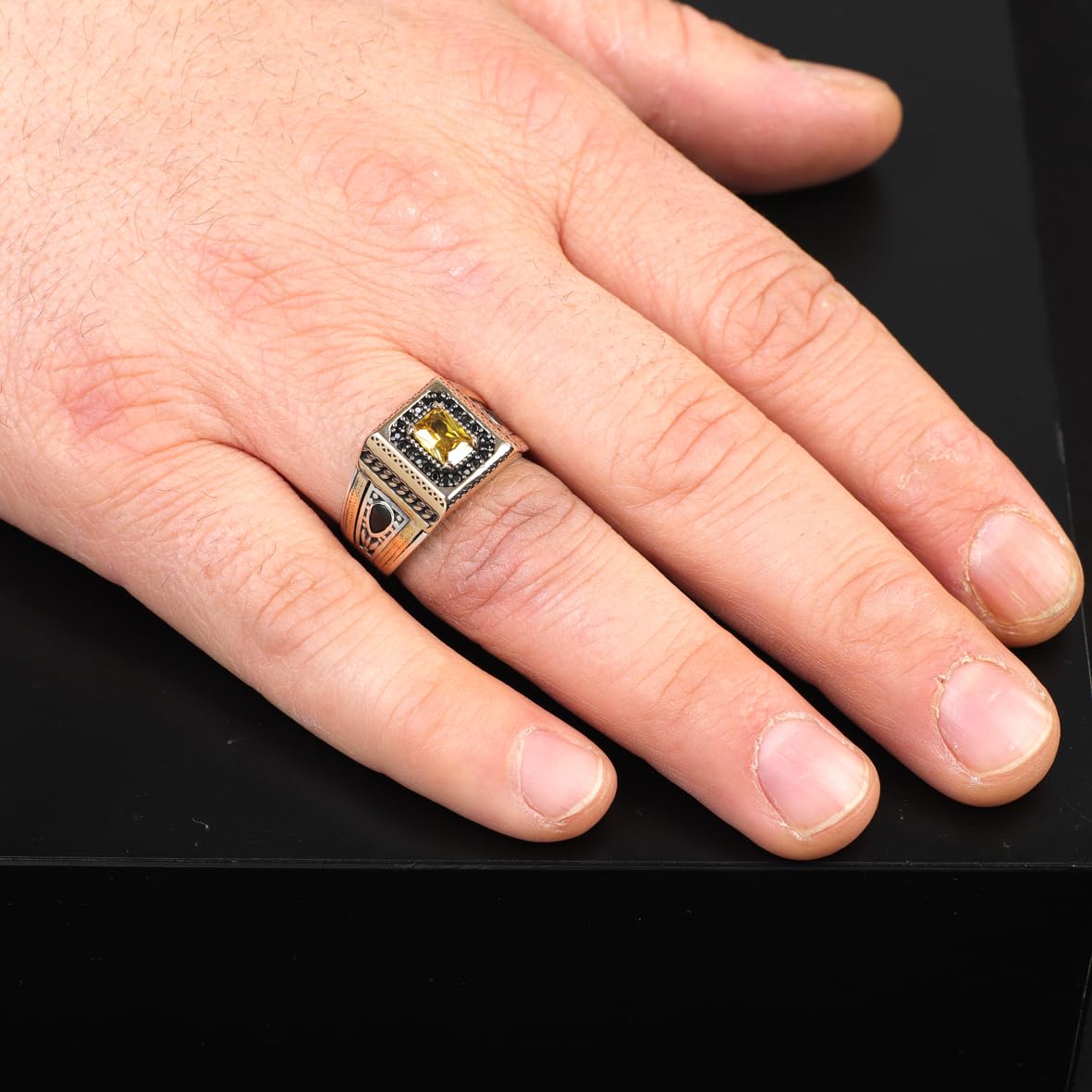 Vintage Citrine Pinky Ring with Micro Onyx Stone – Handmade Sterling Silver Gemstone Signet Ring for Men – Custom Engraving Engagement Ring with Gift Silver Polishing Cloth