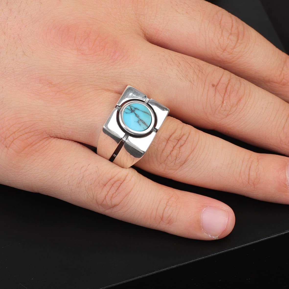 Men’s Turquoise Signet Ring - Vintage Ottoman Style Pinky Ring