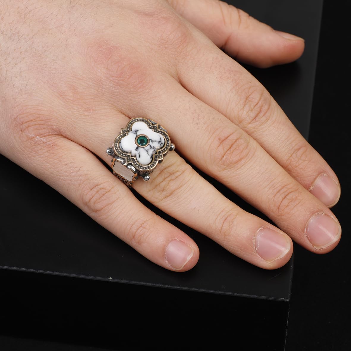 Genuine White Turquoise & Emerald Men's Ring