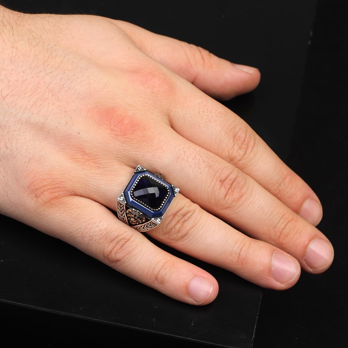 Vintage Blue Tiger Eye Ring with Lion Design - Men's Gemstone Ring in 925 Sterling Silver - Turkish Style Polished Engagement Ring - Handmade with Silver Polishing Cloth Gift