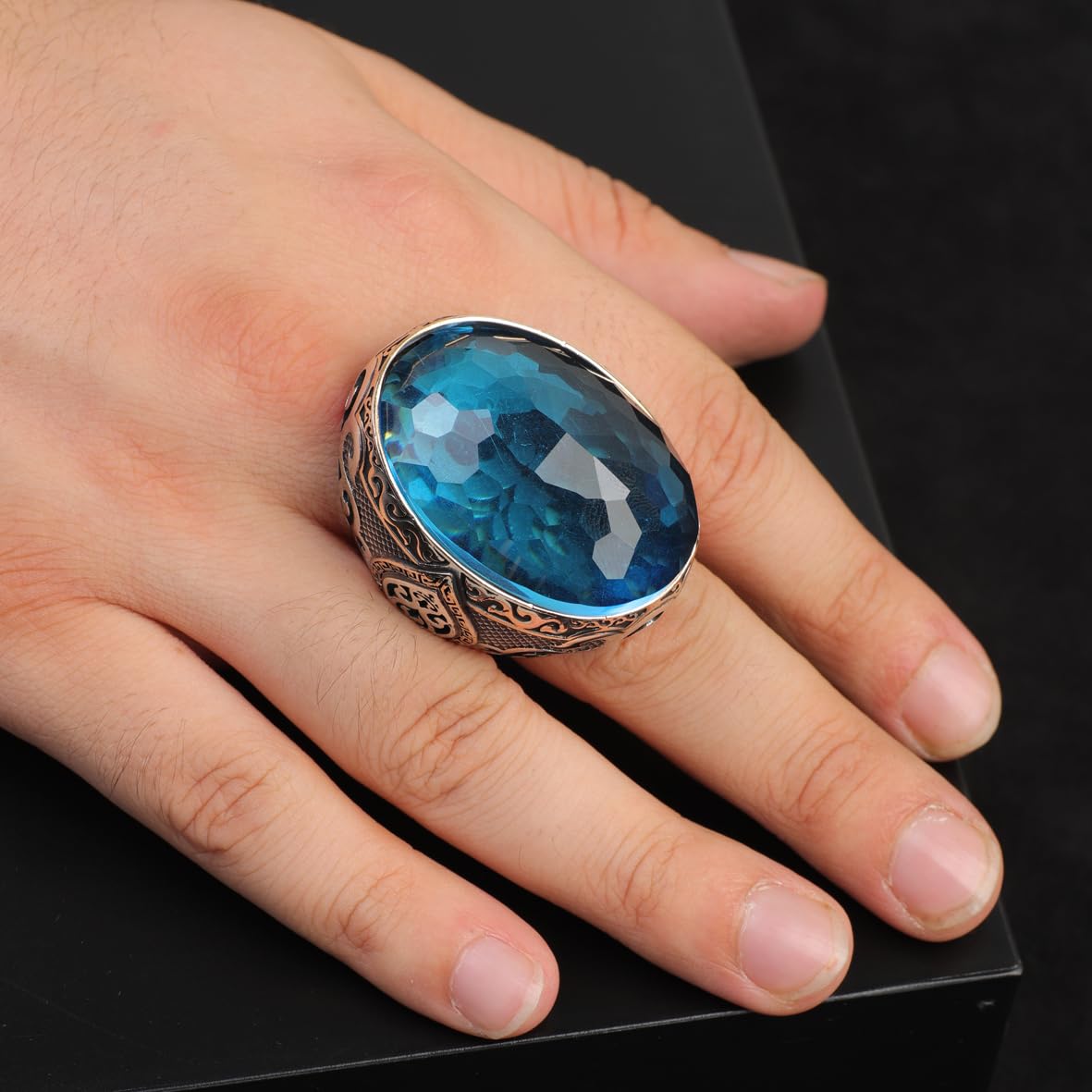 Aquamarine Large Oval Stone Ring for Men